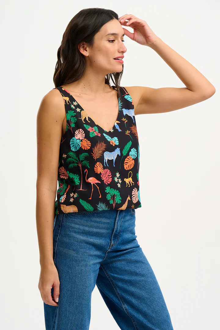 Romy Vest Top - Black, Tropical Safari