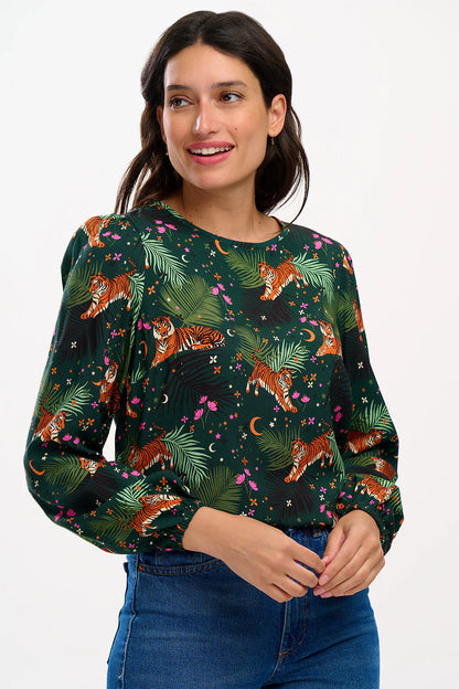 Elaina Blouse - Dark Green, Tigers & Palms