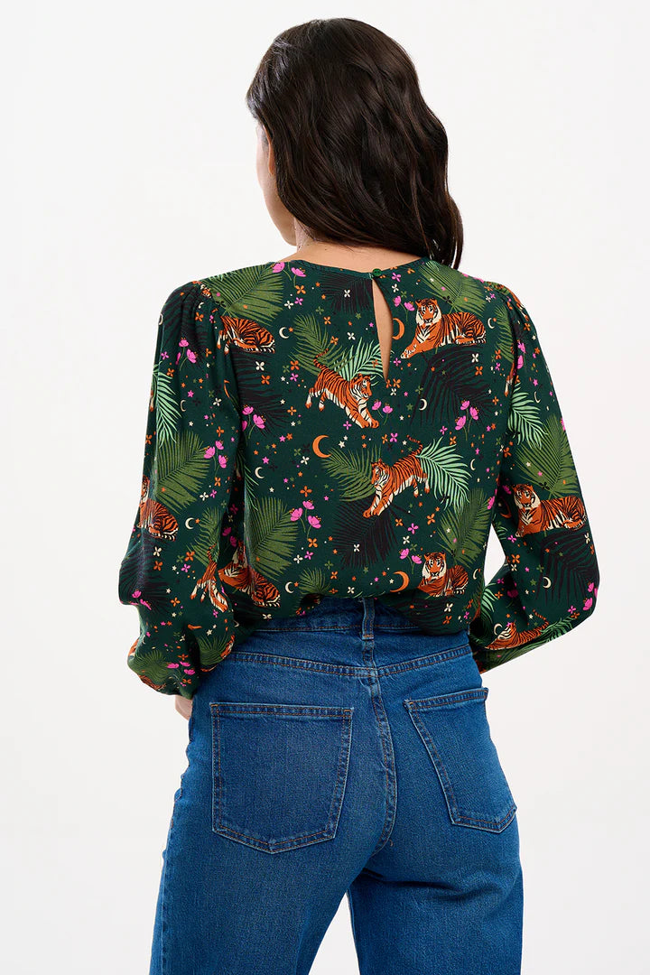 Elaina Blouse - Dark Green, Tigers & Palms